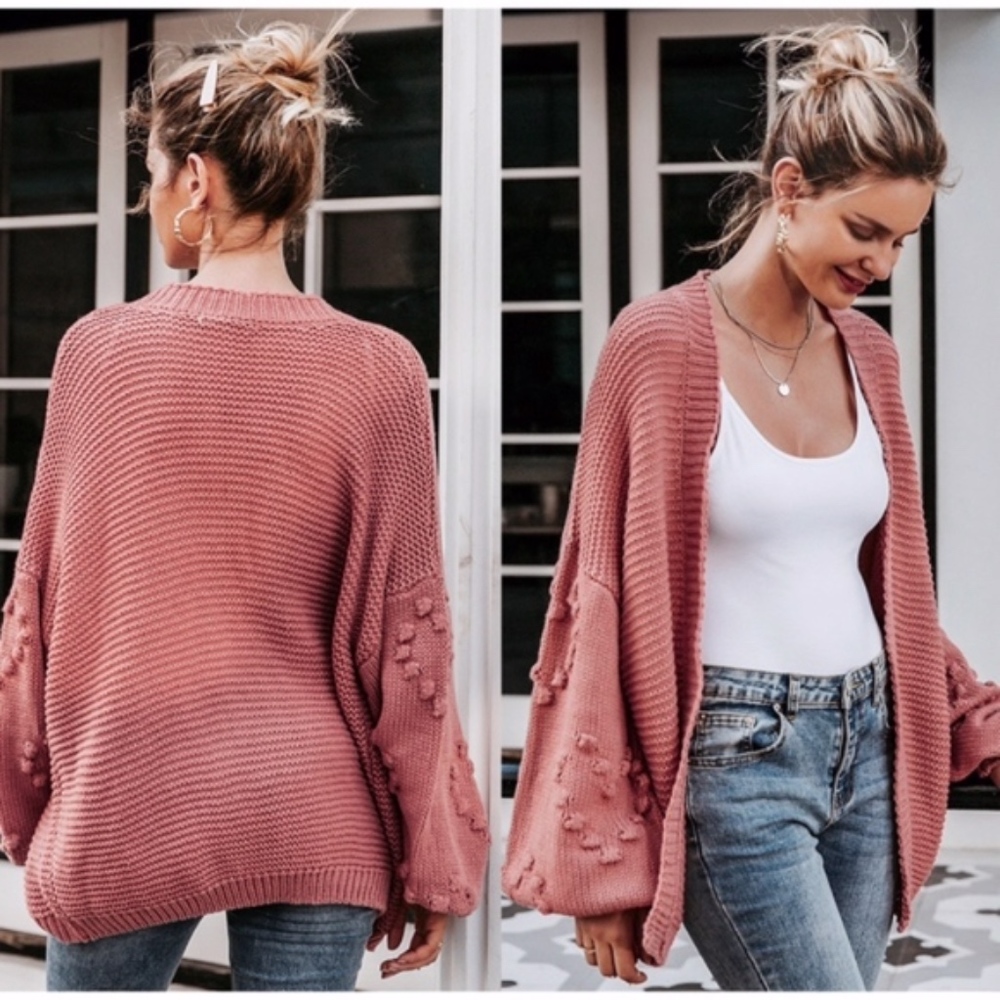 heart pom Balloon Sleeve Cardigan pink open front - Picture 4 of 8